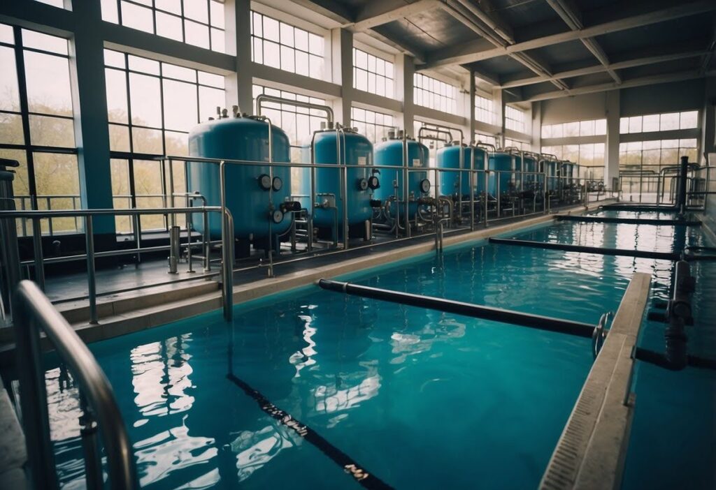 a water treatment centre with a pool of water and a row of water tanks on the edge of the pool