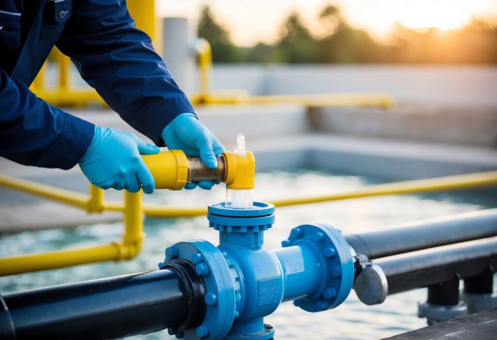 a person working on some pipework in a water treatment facility.