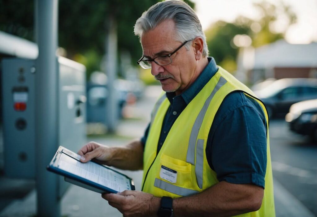 a man stood in front of some machinery with a hi-vis jacket on and a clipboard in his hands