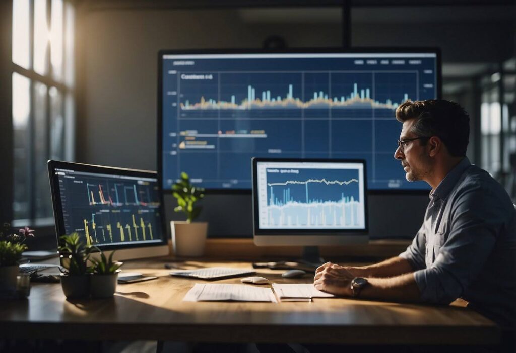 a man sat at a desk surrounded by computer screens which show graphs, tables and data