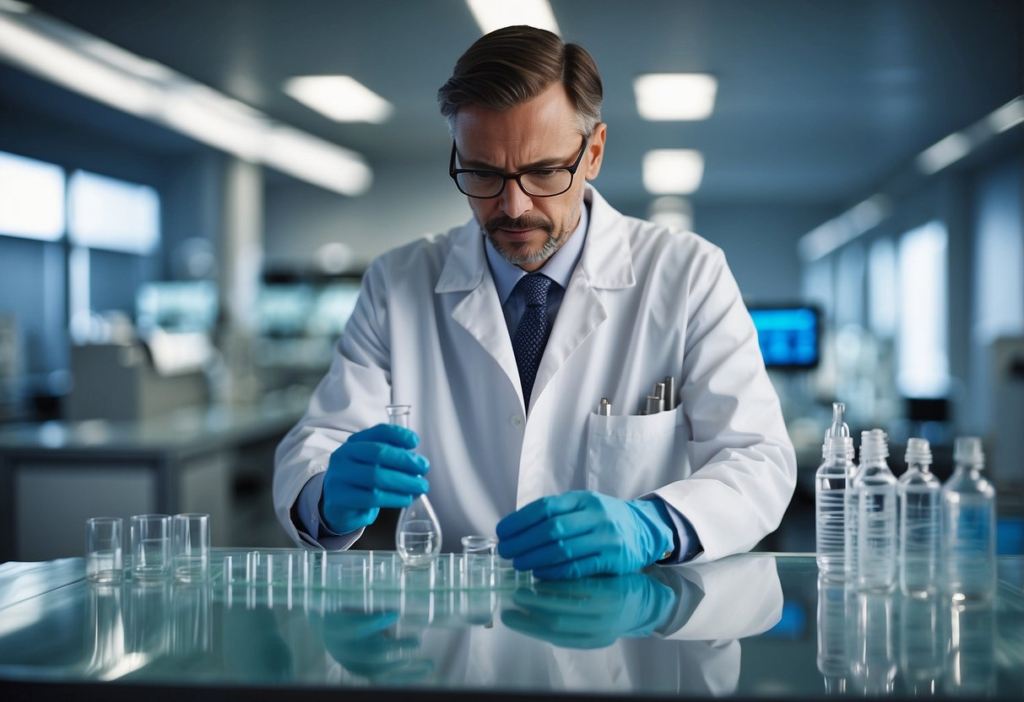 a scientist in a lab with lots of glass bottles on a desk